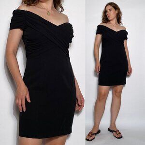 Vintage 1990s Black OFF SHOULDER Party Dress! Medium to Large